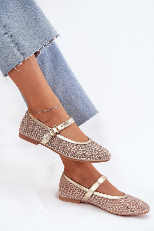 Zdobione Baleriny Damskie Z Paskiem I Klamrą Złote Avirae