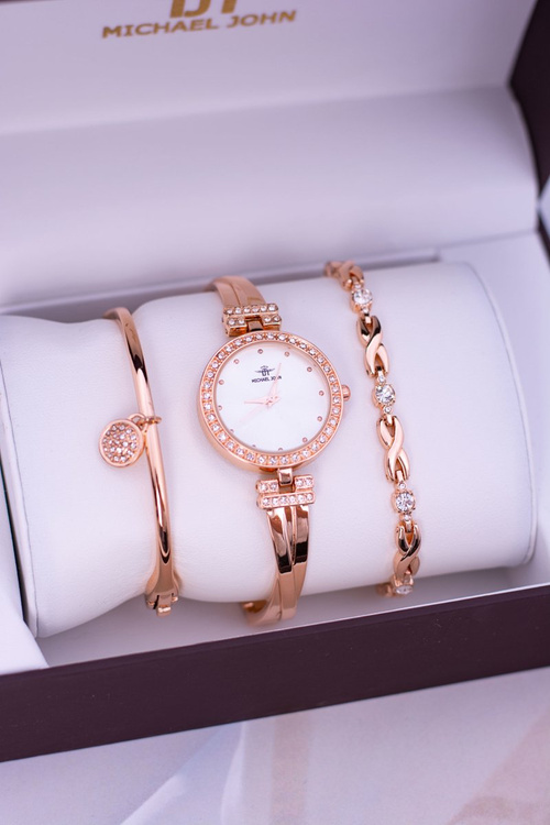 Zestaw Michael John Damski Zegarek Z Cyrkoniami Dwie Bransolety Różowe Złoto