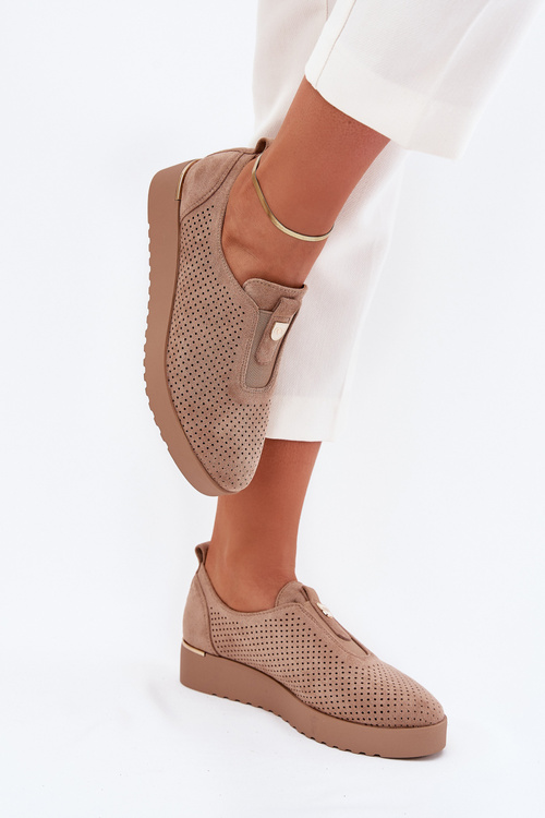 Półbuty Damskie Na Platformie Z Eko Zamszu Ciemnobeżowe Aviara