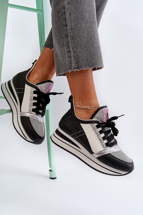 Damskie Sneakersy Na Koturnie I Platformie Z Brokatem Czarne Rafani