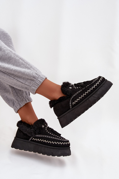 Śniegowce Damskie Na Platformie Z Futerkiem I Frędzlami Czarne Ferayne