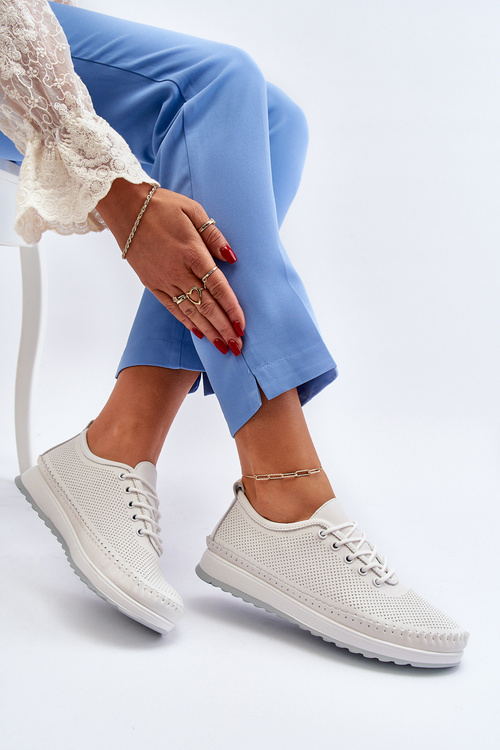 Skórzane Sportowe Buty Trampki Damskie Białe Lalnai