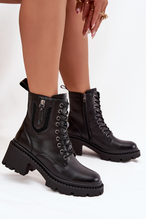 Skórzane Botki Damskie Na Klocku Ocieplane Vinceza 86418 Czarne