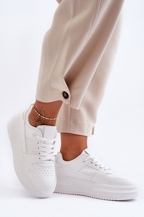 Damskie Skórzane Buty Sportowe Na Masywnej Platformie Białe Belisso