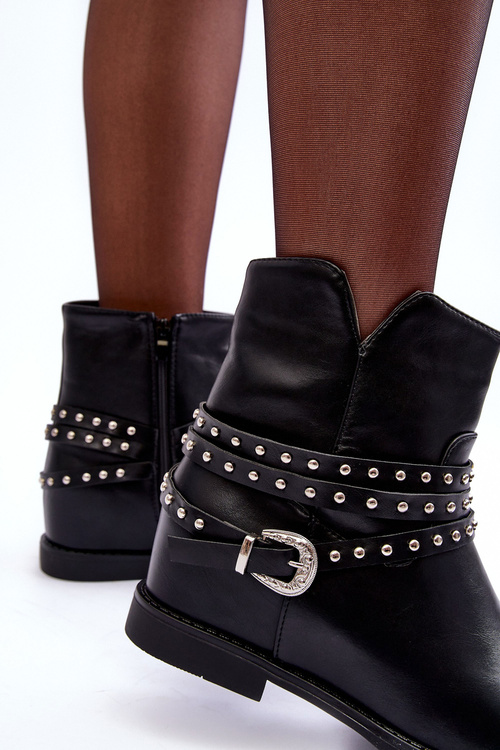 Zdobione Skórzane Botki Damskie Na Płaskim Obcasie Czarne Adkrana