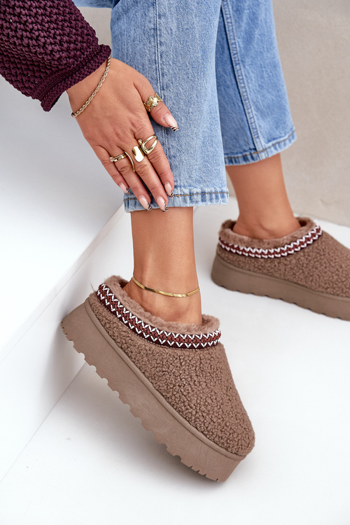 Śniegowce Kapcie Na Platformie Z Futerkiem Typu Baranek Brązowe Ovirissa