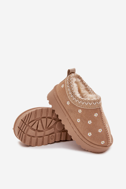 Śniegowce Dziecięce Z Kwiatuszkami Ocieplane Futerkiem Beżowe Palina