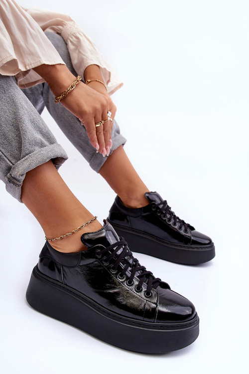 Damskie Buty Sportowe Lakierowane na Platformie Czarne Lemar 10150