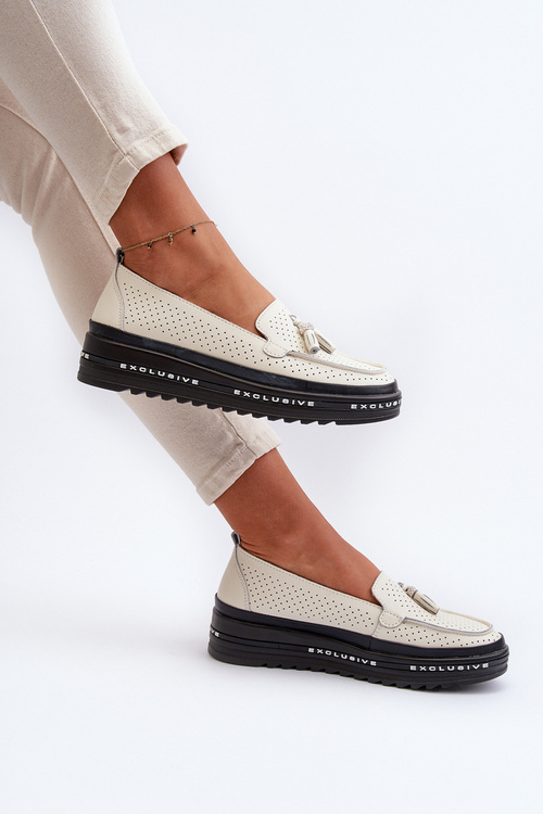 Skórzane Mokasyny Damskie Na Platformie Beżowe Assetnima