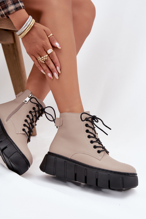 Skórzane Ocieplane Botki Damskie Na Platformie Vinceza 66803 Beżowe