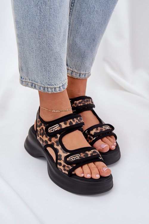Eko Skórzane Lekkie Sandały Na Platformie Panterka Brązowe Deniffia