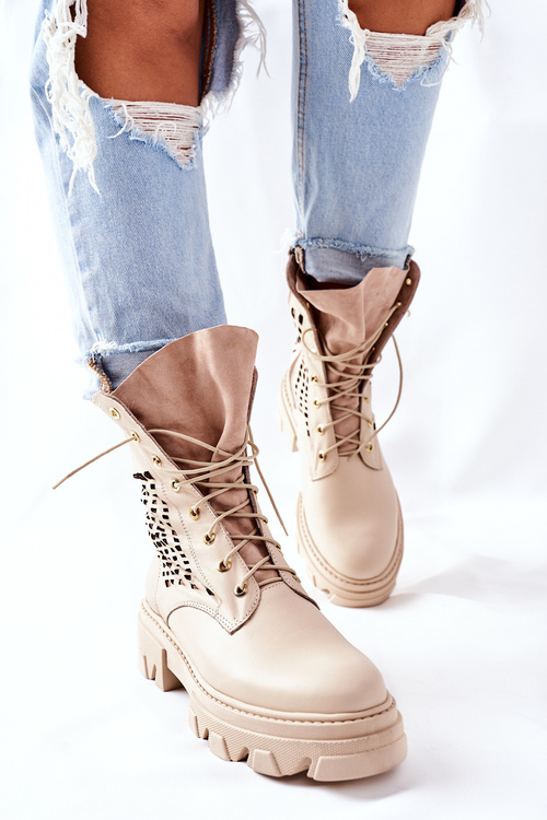 Damskie Skórzane Ażurowe Botki Trapery Beżowe Small Hootie