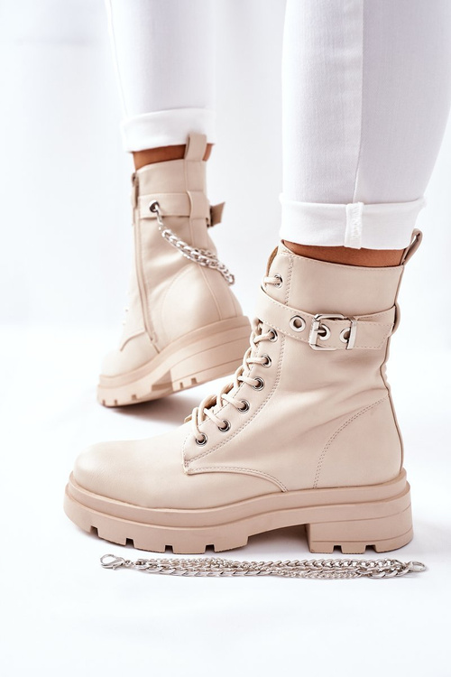 Beżowe Workery Botki z Łańcuchem Midtown