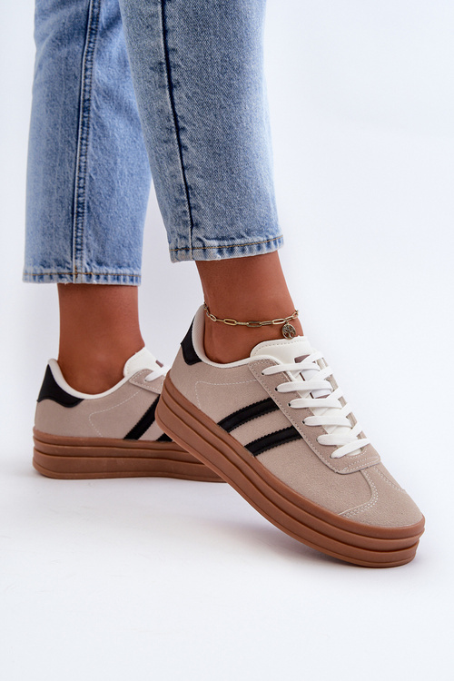 Sneakersy Damskie Na Platformie Beżowo-Czarne Egelia