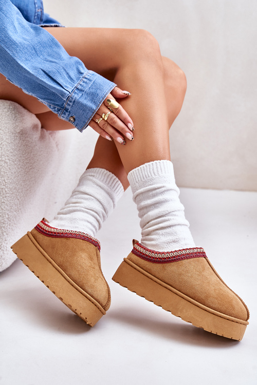 Śniegowce Damskie Na Platformie Ocieplane Futerkiem Camel Remenia