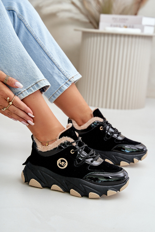 Damskie Buty Sportowe Sznurowane Ocieplane Na Platformie Czarne Verioras