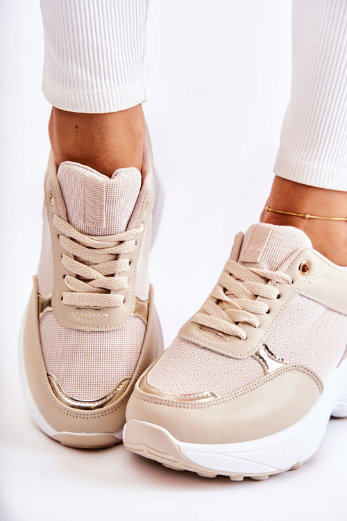Damskie Błyszczące Buty Sportowe Na Koturnie Beżowe Activity