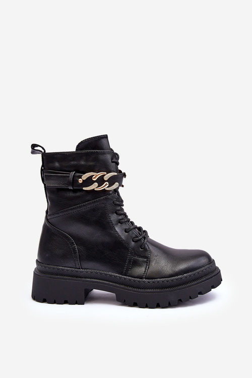 Skórzane Botki Workery Z Ozdobnym Paskiem Czarne Enili