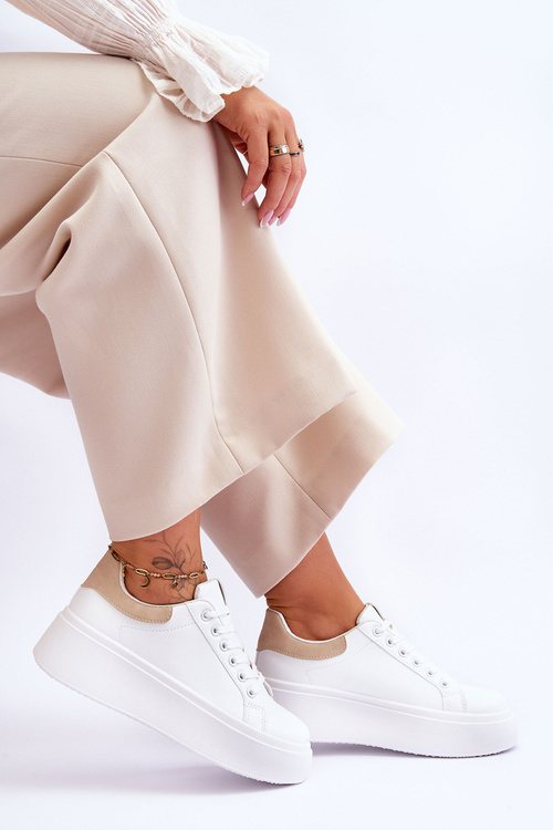 Buty Sportowe Na Masywnej Platformie Biało-Beżowe Boneti