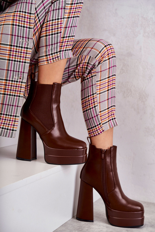 Damskie Skórzane Botki Na Masywnym Obcasie Brązowe Jones