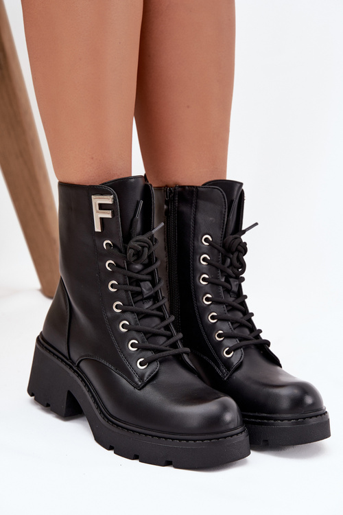 Botki Workery Damskie Na Klocku Ocieplane Z Literą F Czarne Lurina