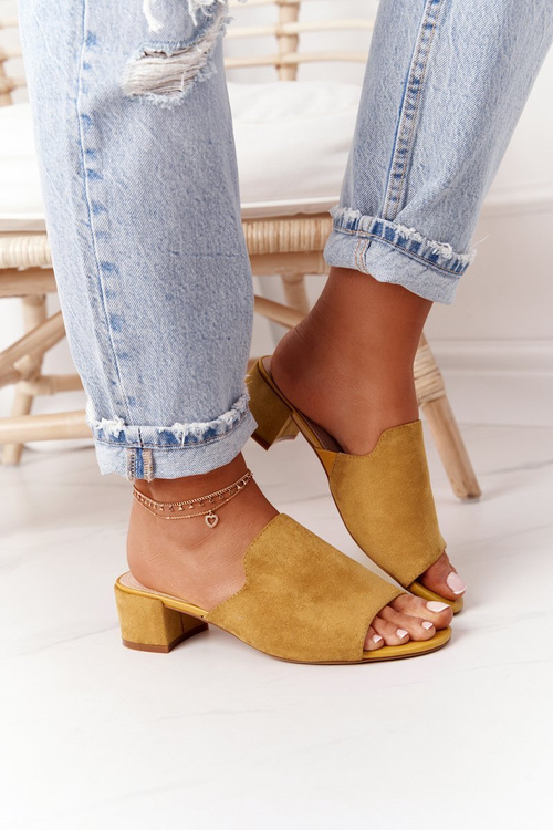 Zamszowe Klapki Na Obcasie Sergio Leone KL313 Żółte