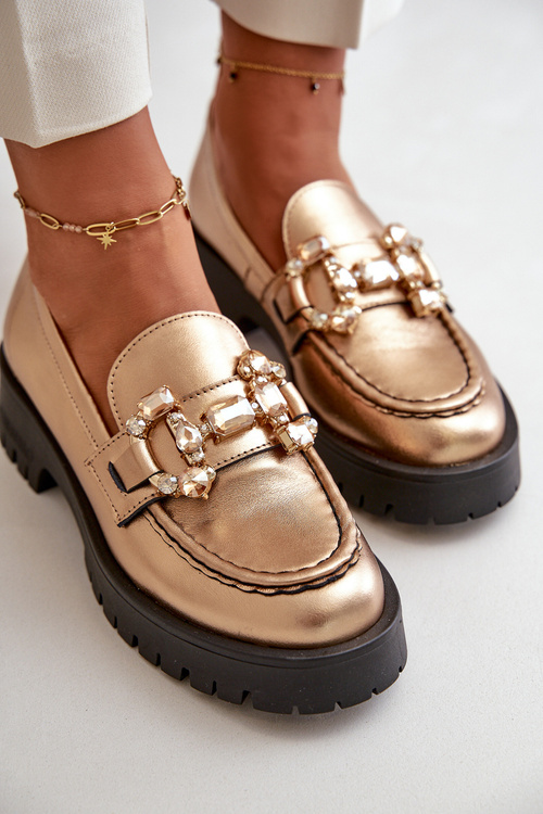 Damskie Skórzane Mokasyny Z Ozdobą CheBello 4369 Złote