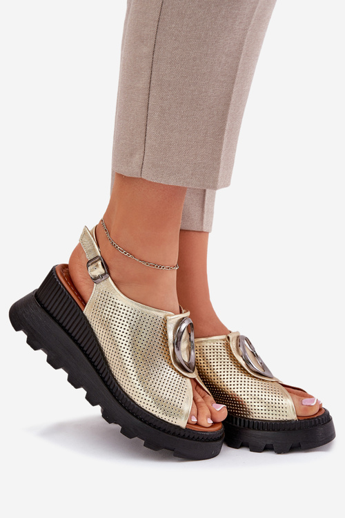 Skórzane Sandały Damskie Na Koturnie Z Ozdobą Artiker 56C0109 Złote