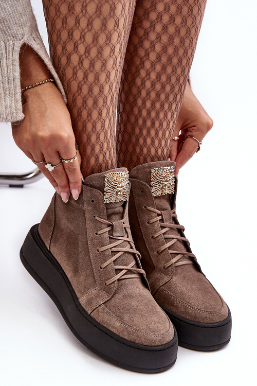 Sznurowane Botki Damskie Z Ozdobą Skórzane Ciemnobeżowe Nicole 2833
