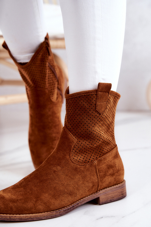 Zamszowe Damskie Ażurowe Botki Camel Lemar