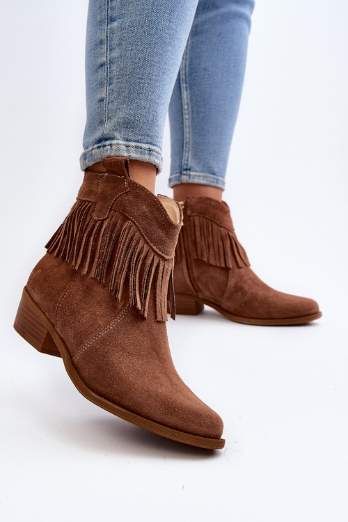 Zazoo 3430 Zamszowe Botki Damskie Z Frędzlami Camel