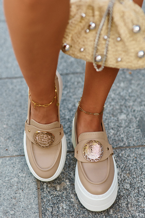 Zazoo 3458 Mokasyny Skórzane Damskie Z Ozdobą Beżowe