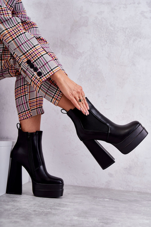 Damskie Skórzane Botki Na Masywnym Obcasie Czarne Jones