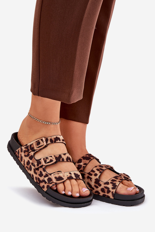 Klapki Damskie Z Paskami I Klamrami W Panterkę Brązowe Uliri