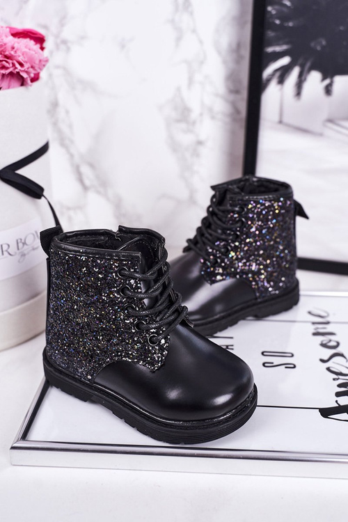 Dziecięce Brokatowe Ocieplane Botki Traperki Czarne Ariel