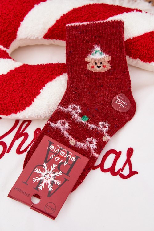 Dziecięce Świąteczne Skarpetki Z Misiem Wełna Alpaka Czerwone