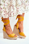 Sandały Damskie Na Koturnie Wiązane Żółte Belleza