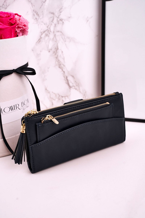 Duży Portfel Damski Z Dodatkową Portmonetką I Frędzlami Granatowy