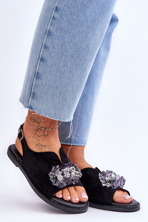 Damskie Zamszowe Sandały Z Kamieniami Czarne Mersea