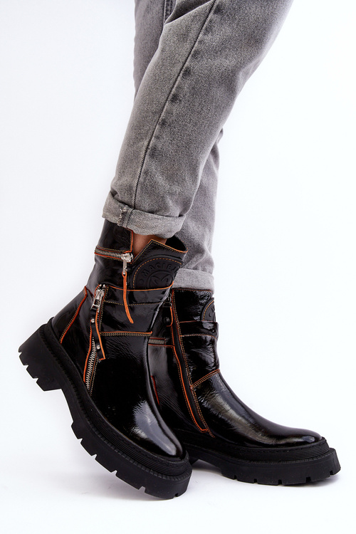 Damskie Lakierowane Skórzane Botki Z Suwakami Maciejka 06238-18 Czarne