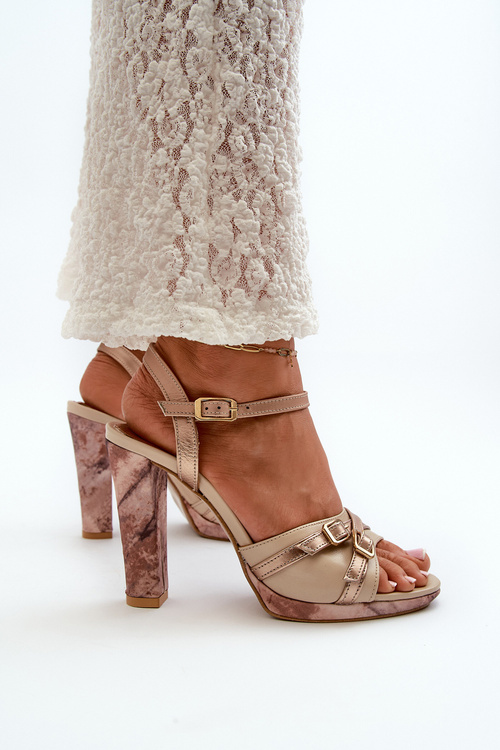 Skórzane Sandały Damskie Na Słupku Maciejka 06564-22 Beżowo-Złote