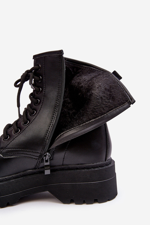 Damskie Sznurowane Botki Workery Na Grubej Podeszwie Czarne Biancis