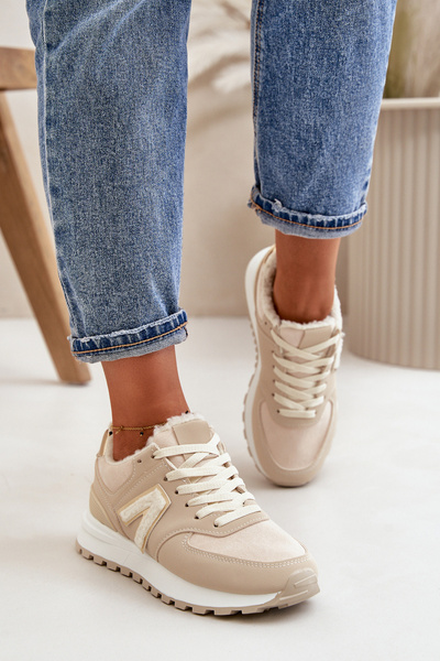 Sneakersy Buty Sportowe Damskie Ocieplane Kożuchem Beżowe Ciamara