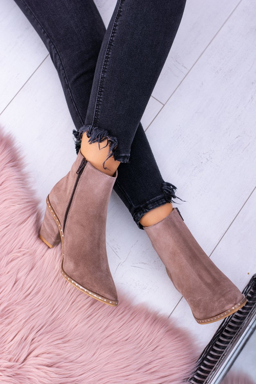 Skórzane Zamszowe Beżowe Damskie Botki W Szpic Z Suwakiem Sonoma