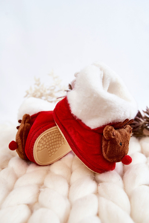 Dziecięce Ocieplane Papcie Brązowy Renifer Czerwone