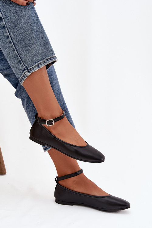 Baleriny Damskie Z Paskiem I Klamrą Czarne Janelor