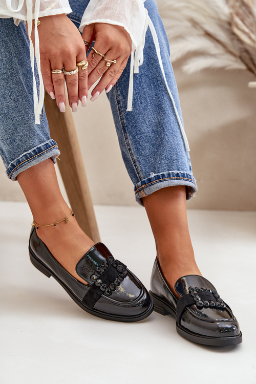 Lakierowane Mokasyny Damskie Z Ozdobą Czarne Vinceza 58389