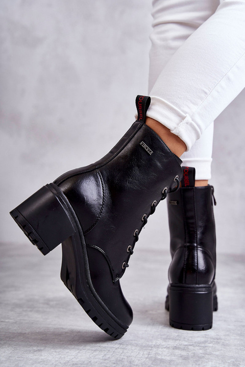 Damskie Ocieplane Botki Na Obcasie Czarne Grethe