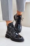 Skórzane Lakierowane Botki Damskie Ocieplane Na Zamek D&A LZ42-042 Czarno-Szare