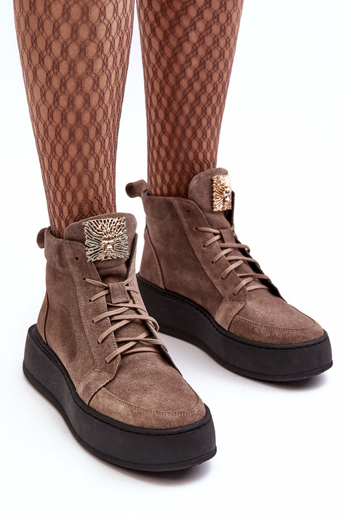 Sznurowane Botki Damskie Z Ozdobą Skórzane Ciemnobeżowe Nicole 2833